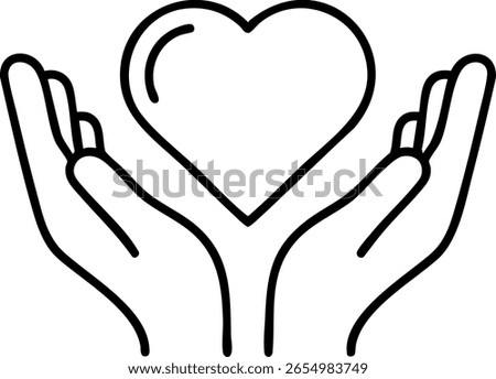 Outline icon of two hands gently holding a heart. Represents care, support, love, and protection. A minimalist symbol for health, family, or insurance.