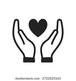 Outline icon of two hands holding a heart, symbolizing care, support, love and protection. Minimalist design for health, family, insurance and charity themes