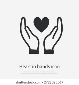 Ícone de contorno de duas mãos segurando um coração, simbolizando cuidado, apoio, amor e proteção. Design minimalista para temas de saúde, família, seguro e caridade