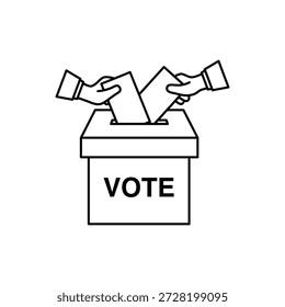 Ícone de estrutura de tópicos de duas mãos colocando cédulas em uma caixa de votação. Simboliza eleições justas, democracia, e responsabilidade cívica partilhada