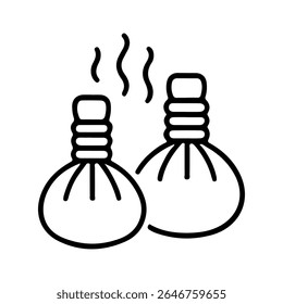Outline icon of two herbal compress balls with steam lines. Linear vector illustration. Spa therapy and aromatherapy concept. Design for sticker, banner, print, card, poster, invitation. Flat icon