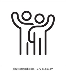 Outline icon two individuals raising their arms upwards. Line sign unity in diversity no to racism, volunteers and helping hands, voting. Vector isolated pictogram on white background editable stroke.