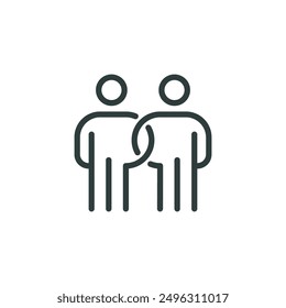 Outline icon two people are connected to each other by a chain of hands. Line sign friendship or partnership, collaborate, teammate, partner teamwork and support. Vector isolated pictogram for Web.