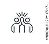 Outline icon two people give high-five or people together holding hands with their hands raised up. Line sign friendly greeting, volunteers, teamwork and support. Vector isolated pictogram.