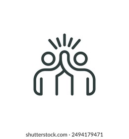 Outline icon two people give high-five or people together holding hands with their hands raised up. Line sign friendly greeting, volunteers, teamwork and support. Vector isolated pictogram.