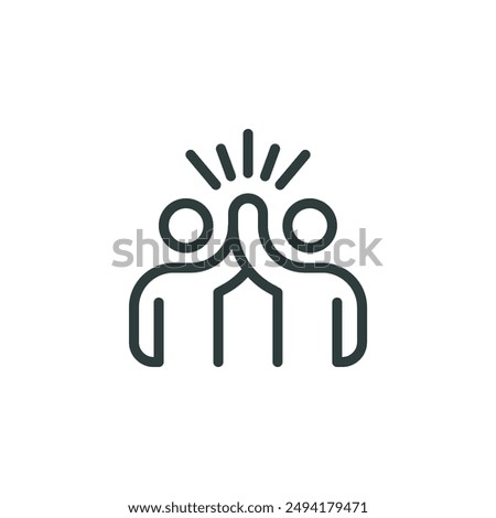 Outline icon two people give high-five or people together holding hands with their hands raised up. Line sign friendly greeting, volunteers, teamwork and support. Vector isolated pictogram.