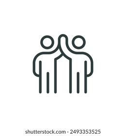 Outline icon two people together holding hands with their hands raised up. Line sign friendly greeting, volunteers, teamwork and support. Vector isolated pictogram on white background editable stroke.