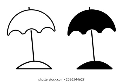 Outline icon of umbrella on the beach, umbrella in the sand on white background
Vector icon of umbrella in sand