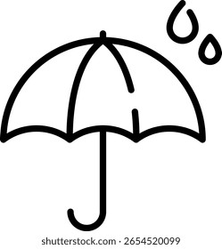 Outline icon of umbrella with raindrops. Vector linear style with editable stroke. Suitable for autumn, rain, and weather concepts.