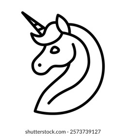 Outline icon of a unicorn head with a horn. Editable stroke.