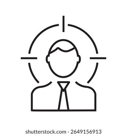 Outline icon of a user inside a target crosshair, representing client targeting or marketing strategy. Editable stroke. Vector illustration.