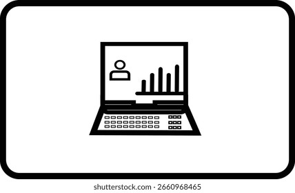 Icono de contorno de una pantalla de perfil de usuario con gráfico de barras y flechas. Ideal para análisis personal y seguimiento del rendimiento.