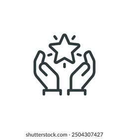 Outline icon value, best score, high quality product, experience. Line sign human hands holding-hugging star symbol. Vector isolated pictograms for web on white background editable stroke.