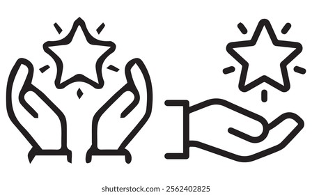 Outline icon value, best score, high quality product, experience. Line sign human hands holding-hugging star symbol. Vector isolated pictograms for web on white background editable stroke. eps file