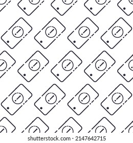 Icono de contorno del smartphone vectorial con atención y signo de advertencia sin inconvenientes. Marcas de exclamación en las formas de un círculo