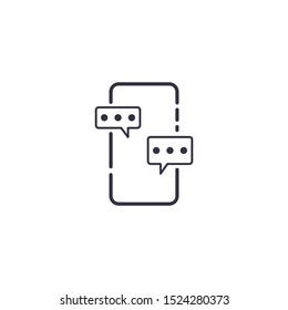 Outline icon of vector smartphone and chat bubble with three circles. Friendship cell phone dialog mobile screen concept line illustration. Social network interface. Message in balloons