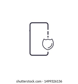 Outline icon of vector smartphone with shield shape. Protection and safety call mobile screen concept line illustration