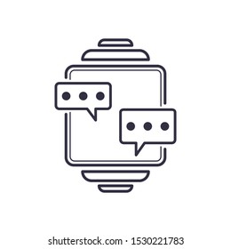 Outline icon of vector smartwatch and chat bubble with three circles. Friendship cell phone dialog, device screen concept line illustration. Social network interface. Message in balloons