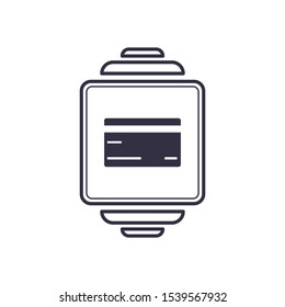 Outline icon of vector smartwatch with credit plastic card. Electronic comerce mobile screen concept line illustration