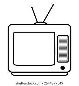 Ícone de contorno de uma televisão vintage com antena e painel de alto-falante lateral, exibindo um design de tela clássico em preto e branco, isolado no fundo branco.