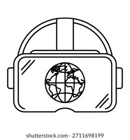 Icono de contorno de un auricular de realidad virtual que muestra un globo terráqueo, que representa experiencias virtuales globales y conectividad.