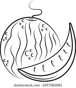 outline icon of a whole watermelon with a tail and a piece of watermelon in abstract style, vector