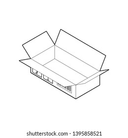 Outline icon of wide cardboard box. Empty corrugated box with four open flaps. Isometric vector isolated on white background.