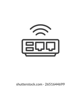 Outline icon of a wireless router with AI chip. Line vector icon representing smart networking and AI-powered connectivity. Digital tech icon symbol.