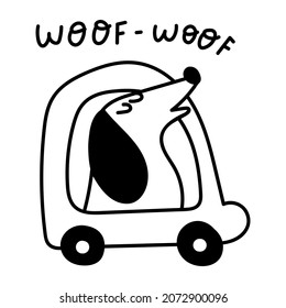Outline icon. Woof Woof. Dachshund driving a car. Vector illustration on white background.