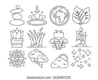 Outline Icon of World Environment Day elements including plants, earth, water, leaves, weather icons, perfect for eco themes, awareness, and education.