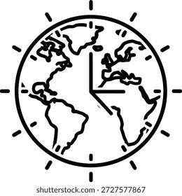 Gliederungssymbol einer Weltkarte, die in der Mitte einer Uhr liegt, mit abstrahlenden Markierungen, die auf globale Zeitzonen und eine weit verbreitete Zeitplanung hinweisen
