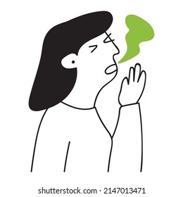 Outline icon. Young woman has bad breath. Hand drawn vector illustration on white background.