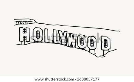 Outline of the iconic Hollywood sign on a hillside. Hollywood sign in black and white. Simple Hollywood sign drawing on a white background. Line art illustration vector.
