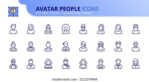 Outline icons about avatar people. Contains such icons as elegant, modern, urban, geek, afro, punk,  hipster, rock, emo, classic and rap style. Editable stroke Vector 256x256 pixel perfect