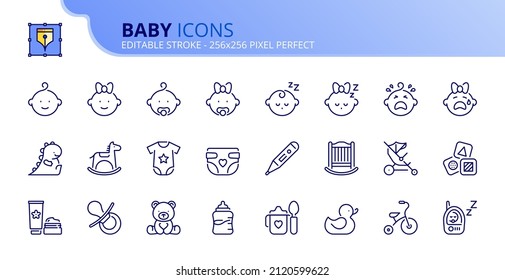 Iconos de contorno sobre el bebé. Contiene íconos como niño, niña, juguete, pacificador, pañal, ropa, cuna, botella de alimentación y cochecito. Vector de trazo editable de 256x256 píxeles perfecto