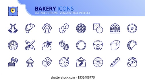 Outline Icons About Bakery Products. Desserts, Sweet Food, Bread, Cookies, Buns And Pastries. Editable Stroke. Vector - 256x256 Pixel Perfect.