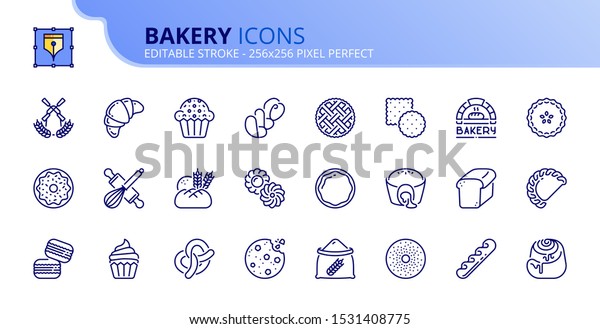 Outline icons about bakery products. Desserts,\
sweet food, bread, cookies, buns and pastries. Editable stroke.\
Vector - 256x256 pixel\
perfect.