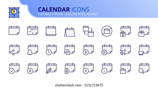 Outline icons about calendar. Contains such icons as meeting, break time, events, holidays, trip, work schedule and management. Editable stroke Vector 256x256 pixel perfect