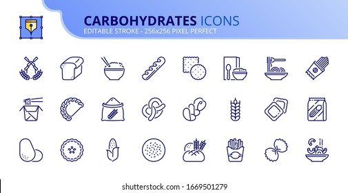 Outline icons about carbohydrates. Whole grain, potato, pasta and breads. Cereals such as corn, wheat, rice. Healthy food.  Editable stroke. Vector - 256x256 pixel perfect.