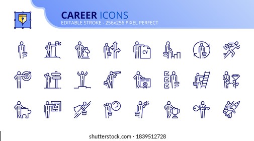 Outline icons about career. Business concepts. Contains such icons as businessman, strategy, motivation, success, opportunities, target and goal.  Editable stroke Vector 256x256 pixel perfect