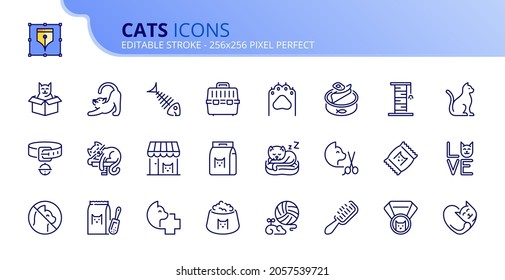 Outline Icons About Cats. Pets. Contains Such Icons As Vet, Health Care, Supplies, Food And Insurance. Editable Stroke Vector 256x256 Pixel Perfect