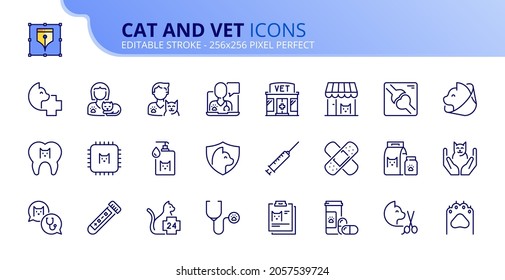 Outline icons about cats and vet. Pets. Contains such icons as health care, dental care, test, vaccines, diagnosis, x-ray, deworming and urgency. Editable stroke Vector 256x256 pixel perfect