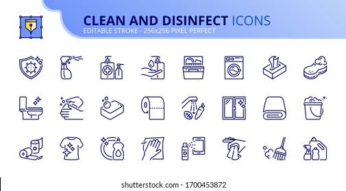Outline icons about clean and disinfect.  Contains such icons as cleaning and sanitizer products, clean surfaces, clothes, food and hands. Editable stroke. Vector - 256x256 pixel perfect.