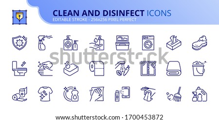 Outline icons about clean and disinfect.  Contains such icons as cleaning and sanitizer products, clean surfaces, clothes, food and hands. Editable stroke. Vector - 256x256 pixel perfect.