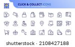 Outline icons about click and collect. Contains such icons as shopping, buy online, select location, store, locker, collect and pick up. Editable stroke Vector 256x256 pixel perfect