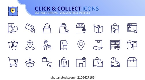 Outline icons about click and collect. Contains such icons as shopping, buy online, select location, store, locker, collect and pick up. Editable stroke Vector 256x256 pixel perfect
