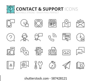 Outline icons about contact and support. Editable stroke. 64x64 pixel perfect.