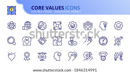 Outline icons about core values. Business concepts. Contains such icons as personal, interaction, external and business-oriented values. Editable stroke Vector 256x256 pixel perfect