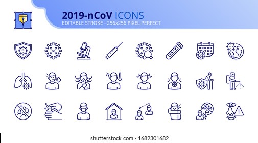 Outline Icons About Coronavirus Information. 2019-nCoV Prevention And Symptoms. Health Care.  Editable Stroke. Vector - 256x256 Pixel Perfect.