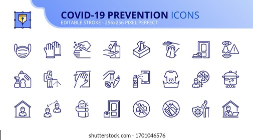 Iconos de esquema sobre la prevención del Coronavirus.  Limpie y desinfecte, limpie los productos, lave las manos, lleve máscaras y distanciamiento social. Trazo editable. Vector - 256x256 píxeles perfecto.